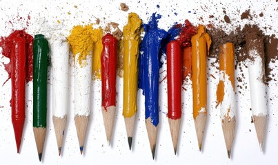 Colorful Pencils with Paint Splashes on White Background for Creative Projects and Art Work, Ideal for Artists and Designers