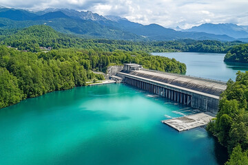 Aerial panoramic view of a hydroelectric power plant amidst nature's embrace
