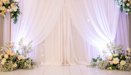 white voile curtains and flowers and fairy lights background, photography backdrop 