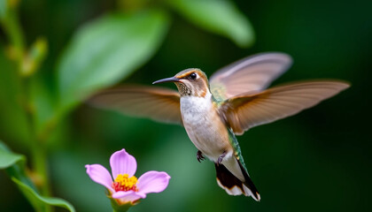 Fototapeta premium Hummingbird in mid flight near delicate flower close up image with blurred background nature wildlife photography illustration design elements