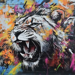 Street art of a roaring lion surrounded by bright graffiti splatters.