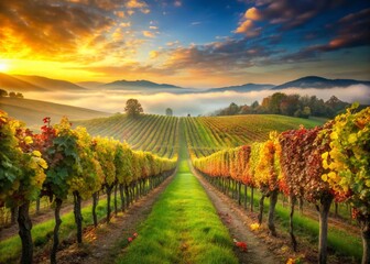 Fototapeta premium Sun-drenched Vineyard Rows in Rolling Hills, Lush Green Grapes, Autumn Harvest