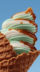 Delicious swirls of mint and vanilla soft serve ice cream drizzled with rich caramel sauce in a crispy waffle cone against a bright blue background