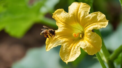 Fototapeta premium Close-Up of a Honey Bee Pollinating a Vibrant Yellow Flower in a Lush Garden Setting Under Bright Sunny Conditions