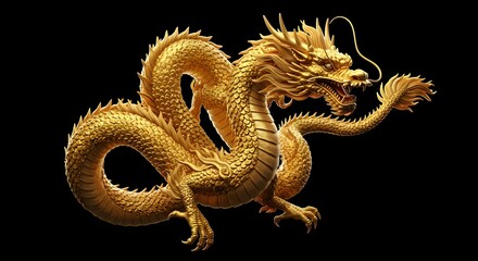 Obraz premium Golden Dragon Ornament on Black Background Exotic Mythical Creature