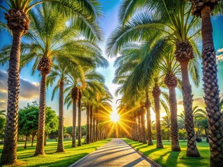 Sunlit Palm Tree Line: Smooth Tracking Shot with Lens Flare