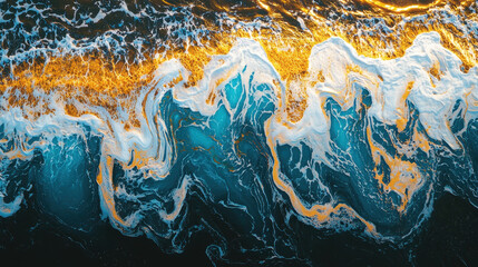 Abstract ice formations are melting into dynamic, serene shapes, showcasing the natural beauty of transition with gold and blue shades creating a unique pattern.