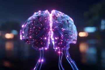 Futuristic abstract representation of AI glowing neural brain shape with circuit patterns and electric connections, deep purple and blue tech tones, vertical layout, digital intelligence concept art