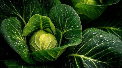 Fototapeta premium Fresh Green Cabbage with Raindrops Glistening on Leaves, Natural and Vibrant Healthy Vegetable Close-Up