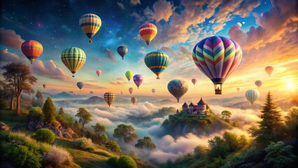 Fototapeta premium Surreal Hot Air Balloon Dreamscape: Vibrant Floating Balloons in a Colorful Sky