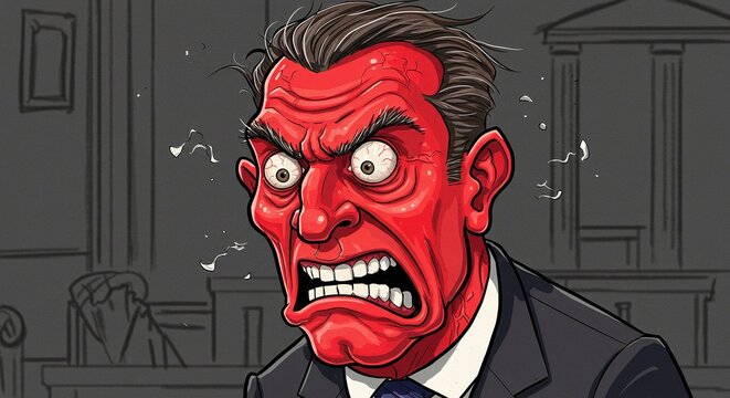 An angry man with a red face clenches his teeth in fury, steam coming out of his ears. He is wearing a suit in a courtroom.