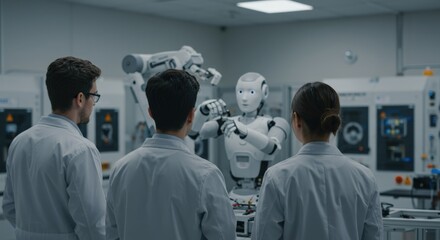 Three scientists, two men and one woman, observe a humanoid robot and a robotic arm interacting in a modern research and development laboratory.