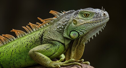Fototapeta premium Green Iguana Close-up Portrait, Reptile in Focus