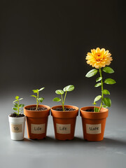 Stages of human life represented by five potted plants, from sprouting to full bloom, symbolizing growth, development, and transformation through various life stages.