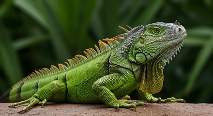 Naklejka premium Green Iguana Resting Outdoors in Nature Portrait