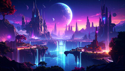 Fototapeta premium Surreal floating islands, melting waterfalls, illuminated by neon moons background or wallpaper