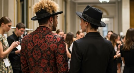 Obraz premium Two young adults, a man in a patterned jacket and a woman in black, wearing stylish hats, stand in a crowded indoor space, possibly backstage at an event.