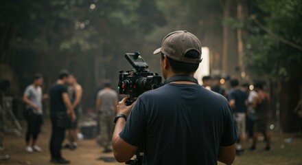 Rear view of a person wearing a cap and t-shirt, holding a professional video camera and filming a scene outdoors with a film crew in the background.