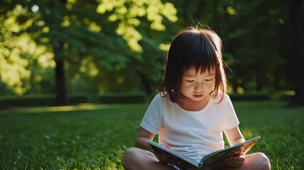 Young child sitting in a sunlit park, deeply focused on reading a book. Symbolizes learning, curiosity, and peaceful childhood moments