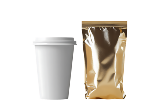 White disposable coffee cup with lid next to gold foil bag on trasparent background