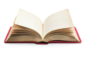 Fototapeta premium Open book with red cover, blank pages ready for story or notes isolated