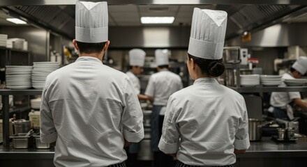 Male and female chefs in white uniforms and hats working in a busy professional kitchen environment preparing food for service