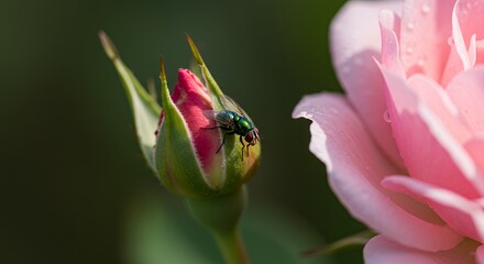 A Green Fly Perched on a Rosebud Beside a Blooming Pink Rose