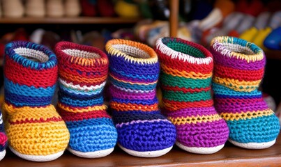 Colorful Knitted Boots Displaying Vibrant Patterns on a Wooden Shelf with Soft Background in a Craft Market Setting