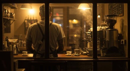 Through a steamy window, a person is seen from behind, working at the counter of a dimly lit coffee shop at night, surrounded by coffee equipment and warm ambient light.