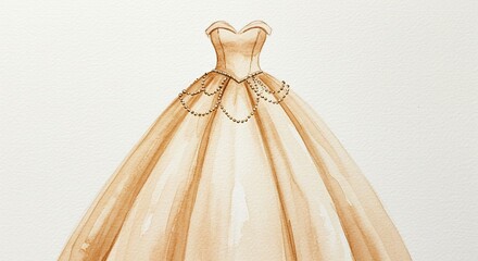 Elegant strapless gown illustration in watercolor with a sweetheart neckline and pearl details at the waistline of the light brown dress.