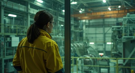 Obraz premium Rear view of a woman wearing a yellow jacket and glasses, looking out a window at the complex machinery and overhead cranes inside a large industrial factory.