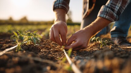 Close-Up of Hands Working in Agricultural Soil, Nurturing Young Plants at Sunset in an Open Field in Rural Landscape