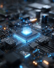 Macro illustration of a quantum processor chip intricate nanotech circuits glowing, cold blue and silver palette, futuristic tech vibe, vertical high-res visualization of next-gen computing 