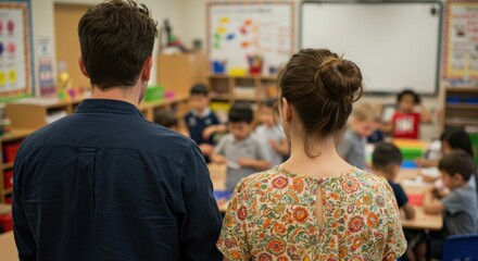 Two adults, a man and a woman, observe a diverse group of young children sitting at tables in a brightly decorated classroom, likely during a school activity.