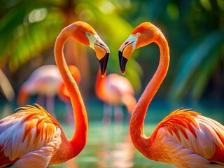 Obraz premium Two Flamingos Building a Heart Shape - Romantic Wildlife Stock Photo