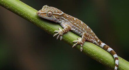 Fototapeta premium Small Gecko Climbing a Green Plant Stem in Nature