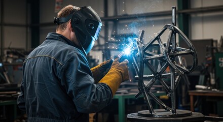 Skilled man in protective gear welding a complex metal structure in a busy industrial workshop environment