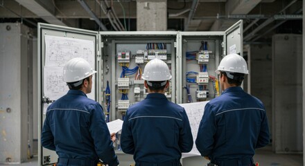 Three male engineers or electricians in hard hats and blue uniforms inspecting an electrical panel and blueprints on a construction site