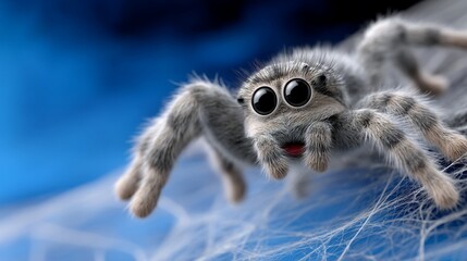 Naklejka premium Close-up of a fluffy jumping spider on a web