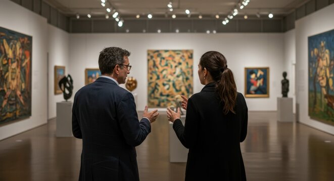 Middle-aged white man in suit and young adult white woman in jacket discussing artwork in a modern art gallery - Powered by Adobe
