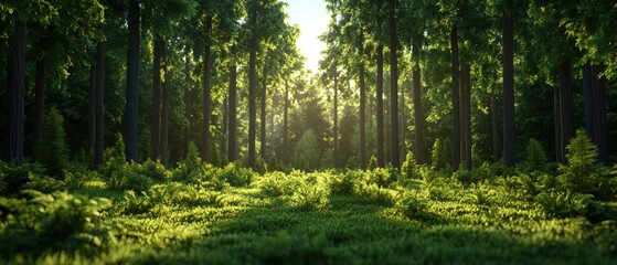 Obraz premium Sunlight streams through the tall trees, illuminating the lush green forest floor below beautifully.