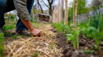 Close-up of a Gardener's Hand Weeding in a Vibrant Vegetable Garden Surrounded by Fresh Greens and Natural Elements