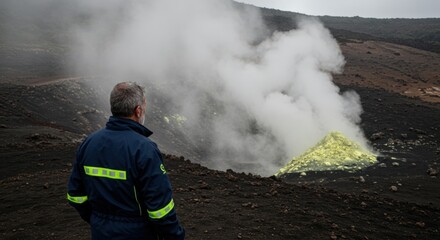 Obraz premium Man in blue reflective jacket observes steaming volcanic crater with bright yellow sulfur deposits on dark barren ground
