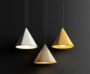 Three modern pendant lights, white, beige, gold, illuminate dark background