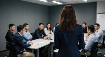 Fototapeta premium Rear view of an Asian woman in a dark suit standing and giving a business presentation to a diverse group of Asian professionals sitting around a conference table in a modern office meeting room.