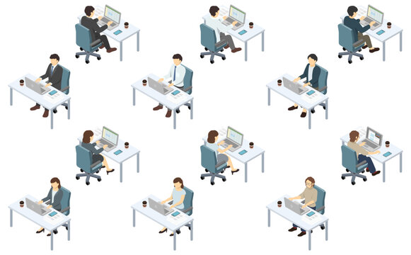 アイソメトリックイラスト：デスクでパソコン仕事する人