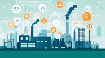 Industrial complex with interconnected technology icons.