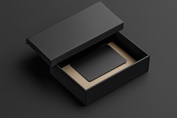 Black gift box with a black card inside, slightly opened