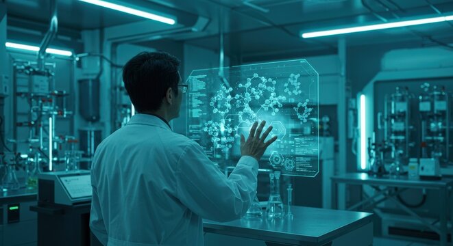 Male Asian scientist in a modern laboratory interacting with a futuristic holographic display showing a complex molecular structure during research