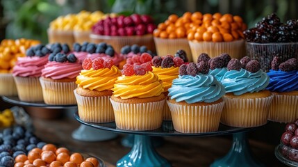 Colorful cupcakes decorated with fruits.  A variety of cupcakes in vibrant colors topped with whipped cream and fresh berries